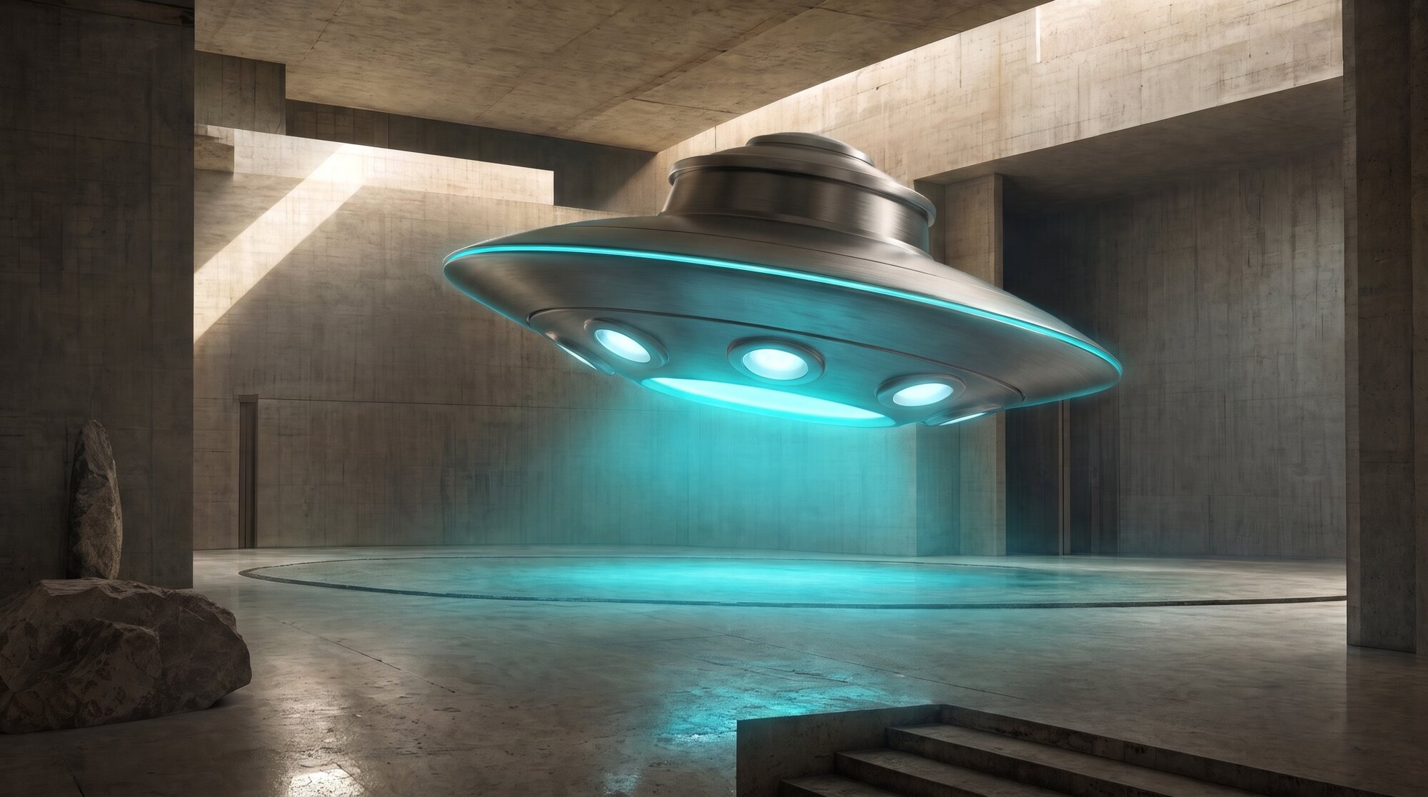 A fragment of dark craft hovering in a pale concrete hangar