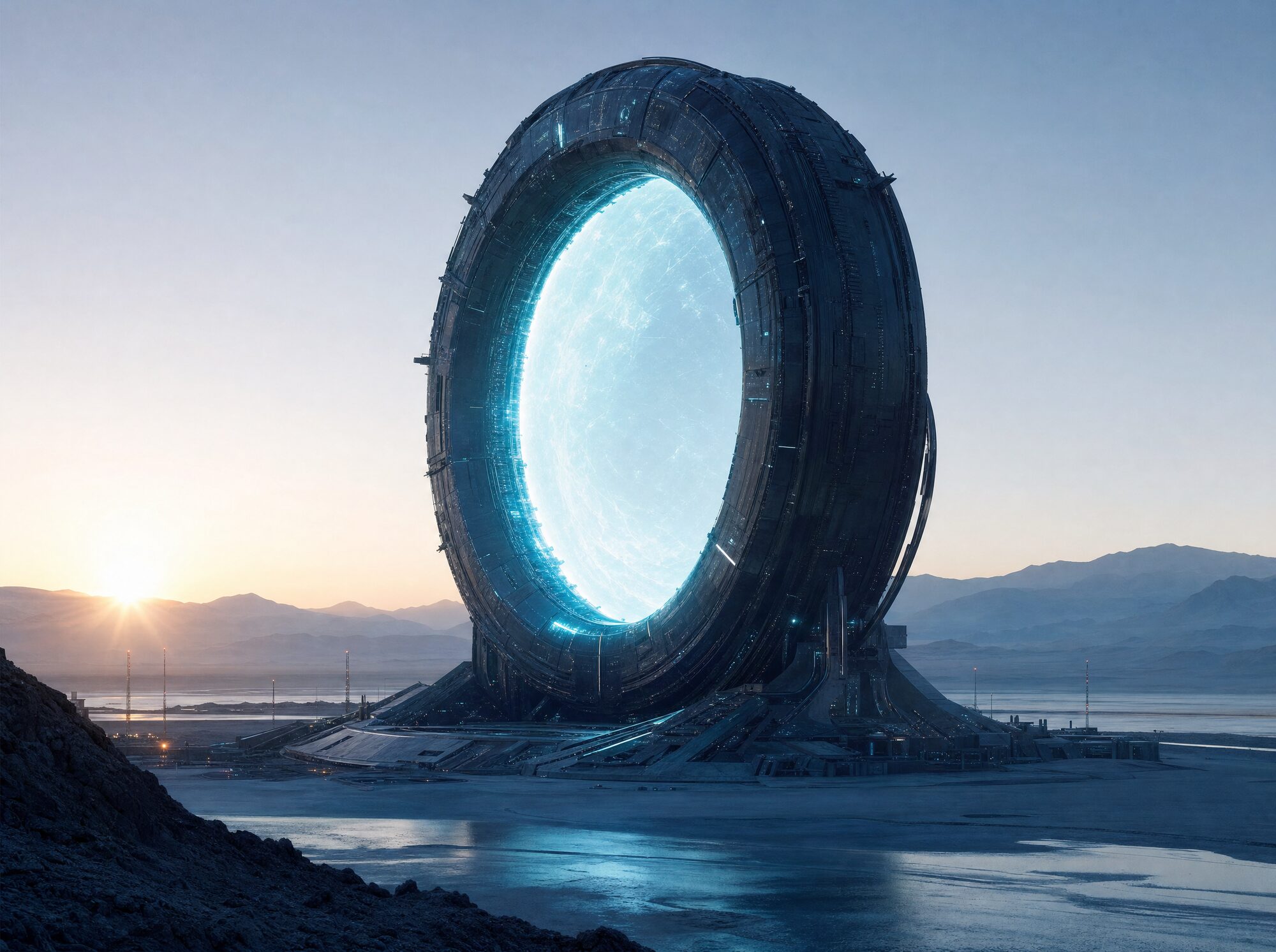A black ring portal glowing cyan on a desert lake bed
