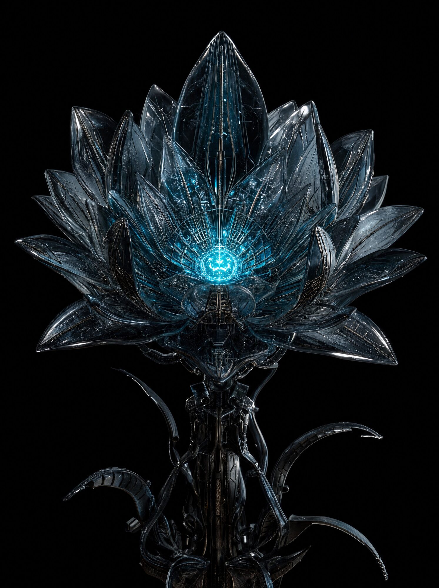 A glass alien flower with a glowing cyan core