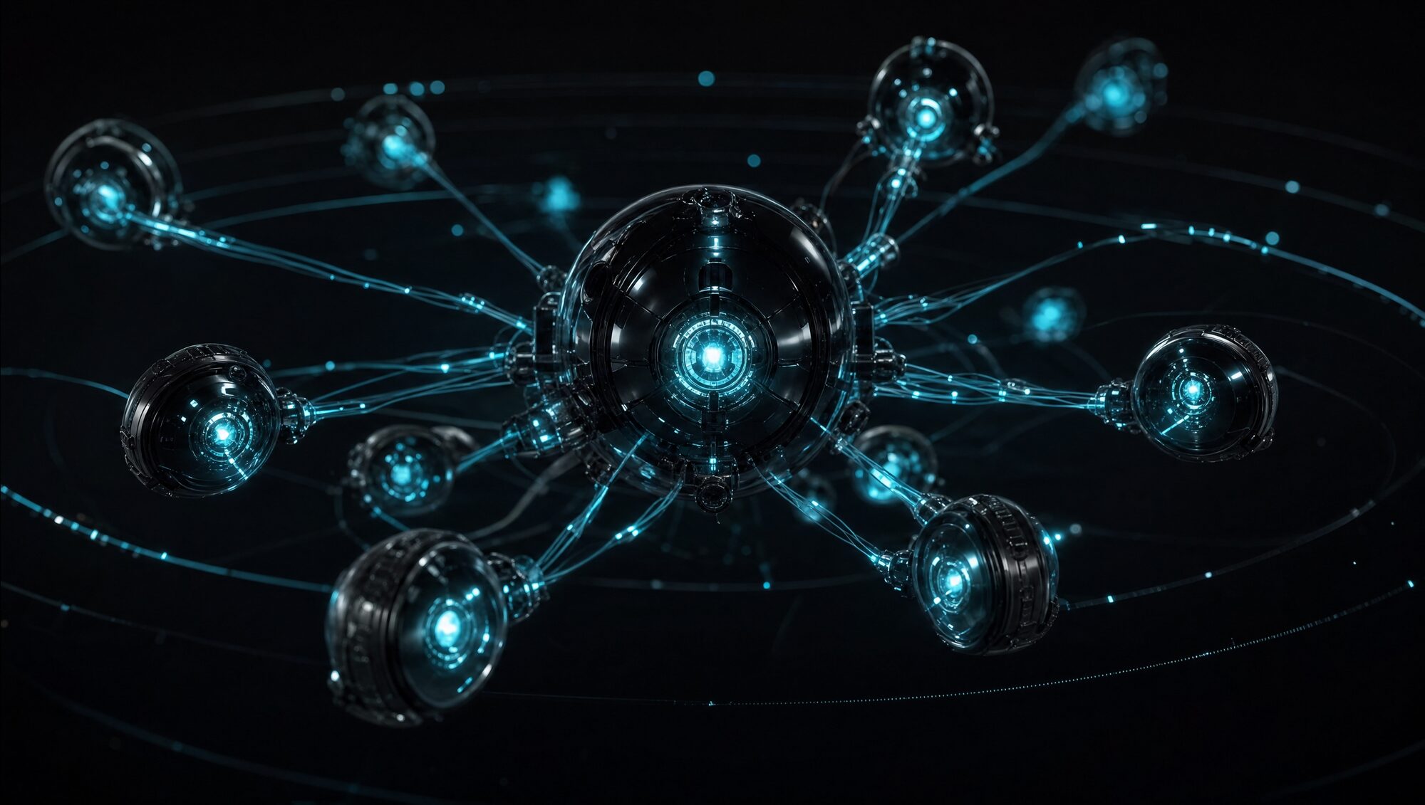 Glass probe pods linked by cyan filaments around a central node