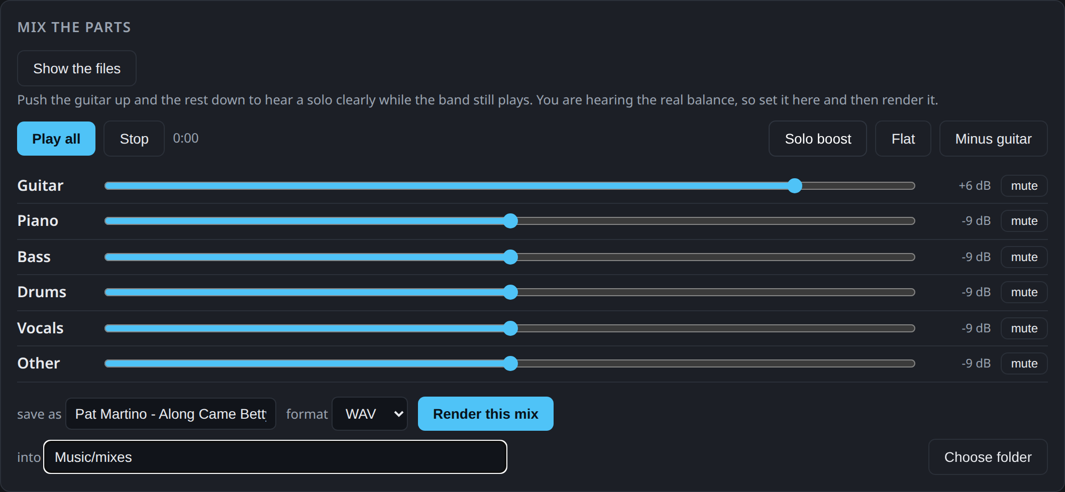 Audio to Score mixer with six separated parts on faders and the Make tab controls