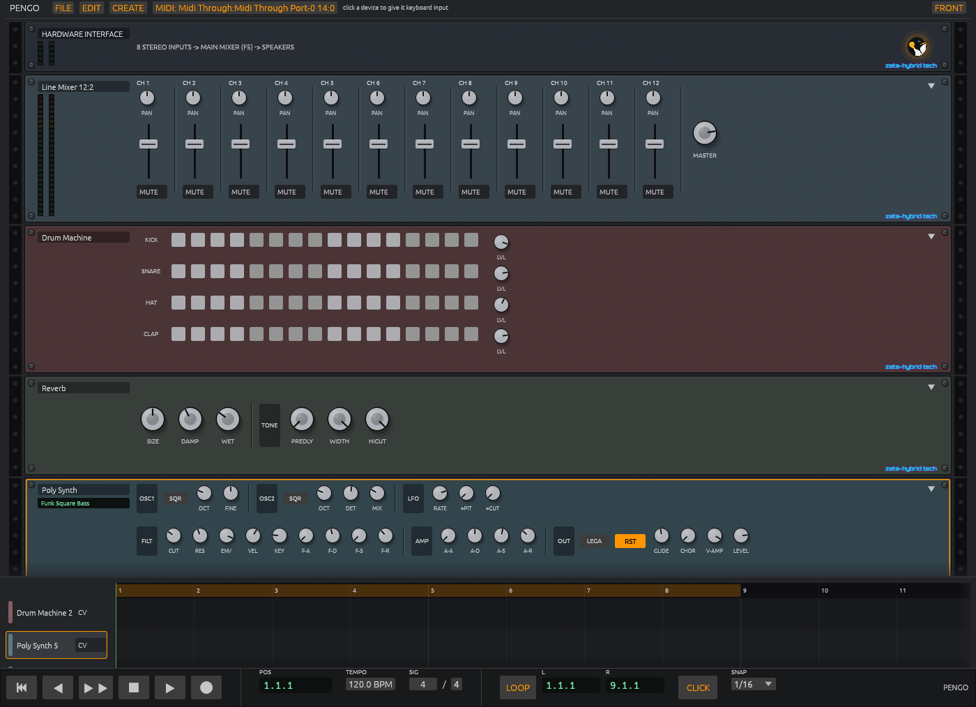 Pengo's rack, front view: line mixer, drum machine, reverb and poly synth