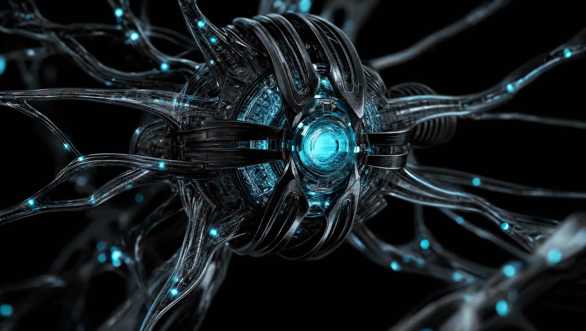 Macro of glowing cyan alien circuitry